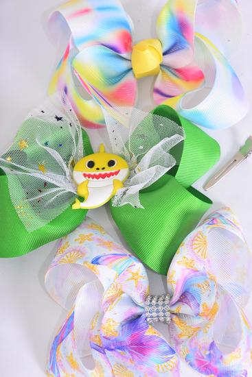 Hair Bow Jumbo Shark Mermaid Tail Northern Light Pattern Mix Grosgrain Bow-tie / 12 pcs Bow = Dozen  Alligator Clip , Size - 6" x 5" Wide , 4 Of Each Pattern Asst , Clip Strip & UPC Code