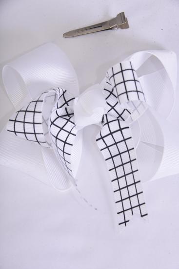 Hair Bow Jumbo White Grid Double Layered Grosgrain Bow-tie White / 12 pcs Bow = Dozen Alligator Clip , Bow - 6" x 6" Wide , Clip Strip & UPC Code