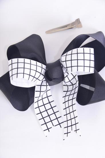 Hair Bow Jumbo Black Bow w White Grid Double Layered Grosgrain Bow-tie / 12 pcs Bow = Dozen/ Alligator Clip , Bow - 6" x 5" Wide , Clip Strip & UPC Code