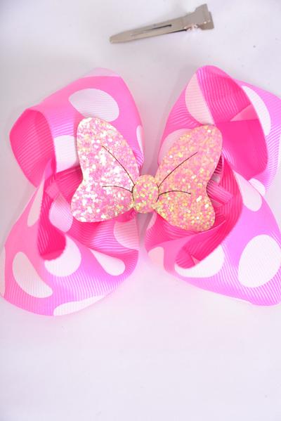 Hair Bow Jumbo Mini Polka dot Large Glitter Bowtie Hot Pink Grosgrain Bow-tie /12 pcs Bow = Dozen Alligator Clip , Size - 6" x 5" Wide , Clip Strip & UPC Code