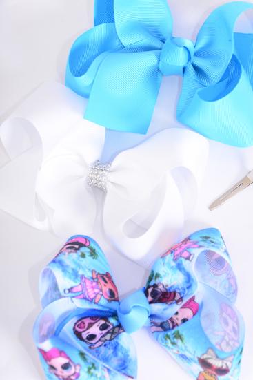 Hair Bow Jumbo Vacation Pam Tree LOL Doll Pattern Asst Grosgrain Bow-tie / 12 pcs Bow = Dozen Alligator Clip ,  Size - 6" x 5" , 4 Of Each Pattern Asst , Clip Strip & UPC Code