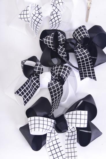 Hair Bow Jumbo Grid Line Black White Mix Double Layered Grosgrain Bow-tie / 12 pcs Bow = Dozen  Alligator Clip , Bow - 6" x 5" Wide , 3 of each Pattern Asst , Clip Strip & UPC Code