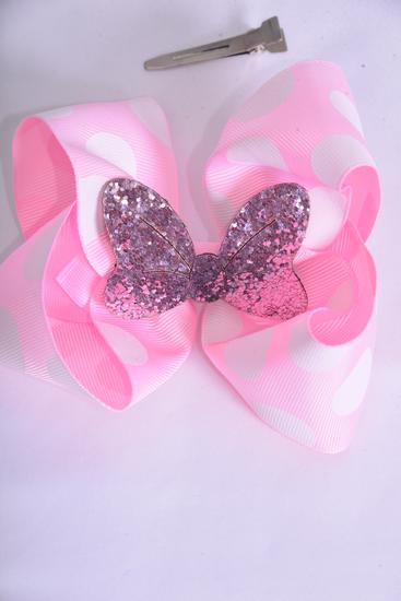 Hair Bow Jumbo Mini Polka dot Large Glitter Bowtie Baby Pink Grosgrain Bow-tie / 12 pcs Bow = Dozen Baby Pink , Alligator Clip , Size - 6" x 5" Wide , Clip Strip & UPC Code