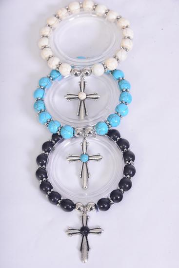 Bracelet Cross Charm Stretch 10 mm Semiprecious Stone / 12 pcs = Dozen  match 76026 Stretch , Cross-1.5"x 1" Wide , 4 Black , 4 Ivory , 4 Turquoise Asst , Hang Tag & OPP Bag & UPC Code