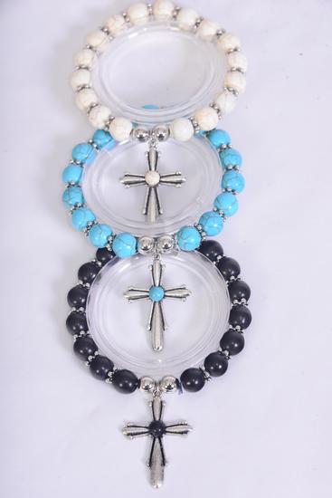 Bracelet Cross Charm Stretch 10 mm Semiprecious Stone / 12 pcs = Dozen  match 76026 Stretch , Cross - 1.5" x 1" Wide , 4 Black , 4 Ivory , 4 Turquoise Asst , Hang Tag & OPP Bag & UPC Code