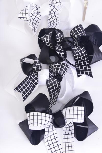 Hair Bow Jumbo Grid Line Black White Mix Double Layered Grosgrain Bow-tie / 12 pcs Bow = Dozen  Alligator Clip , Bow - 6" x 5" Wide , 3 of each Pattern Asst , Clip Strip & UPC Code