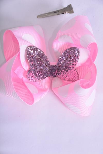 Hair Bow Jumbo Mini Polka dot Large Glitter Bowtie Baby Pink Grosgrain Bow-tie / 12 pcs Bow = Dozen Alligator Clip , Size - 6" x 5" Wide , Clip Strip & UPC Code
