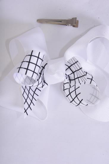 Hair Bow Jumbo White Grid Double Layered Grosgrain Bow-tie White /12 Pcs Bow = Dozen  White , Alligator Clip , Bow - 6" x 5" Wide , Clip Strip & UPC Code