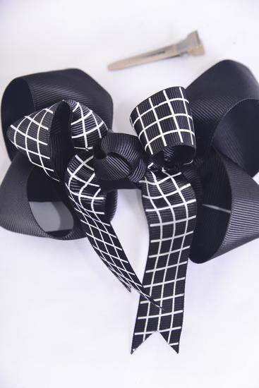 Hair Bow Jumbo Black Bow Black Grid Double Layered Grosgrain Bow-tie / 12 pcs Bow = Dozen Black , Alligator Clip , Bow - 6" x 5" Wide , Clip Strip & UPC Code