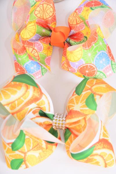 Hair Bow Jumbo Fruit Orange Citrus Mix Grosgrain Bow-tie / 12 pcs Bow = Dozen Alligator Clip , Size - 6" x 5" Wide , 6 of each Pattern , Clip Strip & UPC Code