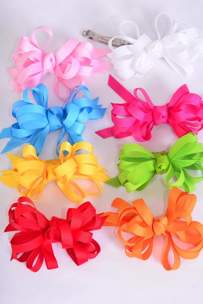 Hair Bow Loop Bow Grosgrain Bow French Clip / 12 pcs Bow = Dozen  French Clip , Bow Size - 5" x 4" Wide , 2 Red , 2 Fuchsia , 2 Blue , 2 Pink , 1 White , 1 Yellow , 1 Lime , 1 Orange Mix , Clip Strip and UPC Code