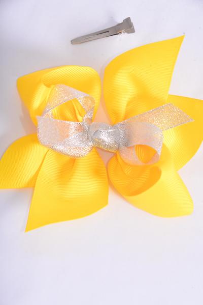 Hair Bow Jumbo Center Silver Metallic Bowtie Yellow Grosgrain Bow-tie / 12 pcs Bow = Dozen  Alligator Clip , Size - 6" x 6" Wide ,  Clip Strip & UPC Code