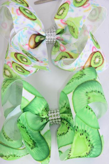 Hair Bow Jumbo Kiwi fruit Grosgrain Bow-tie / 12 pcs Bow = Dozen Alligator Clip , Size - 6" x 5" Wide , 6 Of each Pattern Asst , Clip Strip & UPC Code