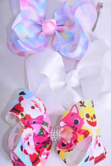 Hair Bow Jumbo Asst Pattern Grosgrain Bow-tie / 12 pcs Bow = Dozen  Alligator Clip , Size - 6" x 5" Wide , 4 Of Each Pattern Asst , Clip Strip & UPC Code