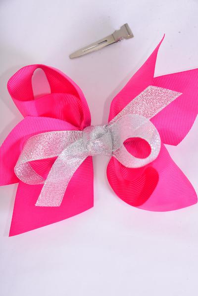 Hair Bow Jumbo Center Silver Metallic Bowtie Fuchsia Grosgrain Bow-tie / 12 pcs Bow = Dozen  Alligator Clip , Size - 6" x 6" Wide , Clip Strip & UPC Code