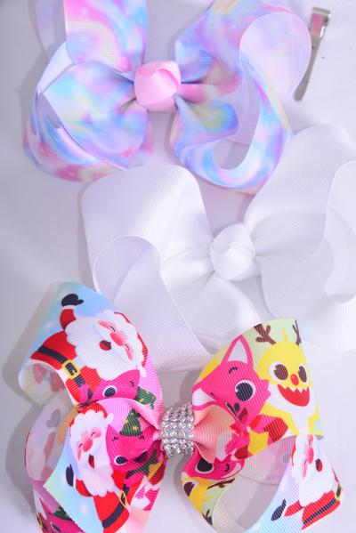 Hair Bow Jumbo Asst Pattern Grosgrain Bow-tie / 12 pcs Bow = Dozen  Alligator Clip , Size - 6" x 5" Wide , 4 Of Each Pattern Asst , Clip Strip & UPC Code