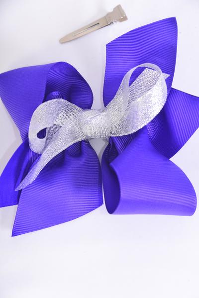 Hair Bow Jumbo Center Silver Metallic Bowtie Purple Grosgrain Bow-tie / 12 pcs Bow = Dozen  Alligator Clip , Size - 6" x 6" Wide , Clip Strip & UPC Code