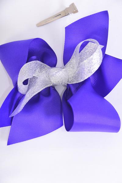 Hair Bow Jumbo Center Silver Metallic Bowtie Purple Grosgrain Bow-tie / 12 pcs Bow = Dozen  Purple , Alligator Clip , Size - 6" x 5" Wide , Clip Strip & UPC Code