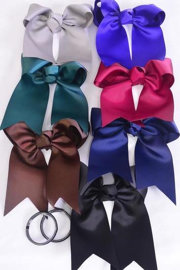 Hair Bow Extra Jumbo Long Tail Cheer Type Bow Elastic Dark Multi Grosgrain Bow-tie / 12 pcs Bow = dozenn Elastic , Size - 6.5"x 6" Wide , 2 Black , 2 Navy , 2 Burg , 2 Purple , 2 Brown , 1 Gray , 1 Hunter Green Color Asst , Clip Strip & UPC Code