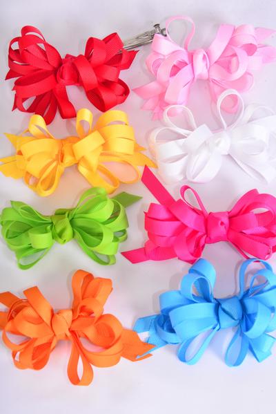 Hair Bow Loop Bow Grosgrain Bow French Clip / 12 pcs Bow = Dozen  French Clip , Bow Size - 5" x 4" Wide , 2 Red , 2 Fuchsia , 2 Blue , 2 Pink , 1 White , 1 Yellow , 1 Lime , 1 Orange Mix , Clip Strip and UPC Code