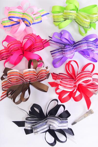 Hair Bow Loop Bow Grosgrain & Chiffon Stripes Mix Multi / 12 pcs Bow = Dozen Alligator Clip , Bow - 5" x 4" Wid , 2 Black , 2 Red , 2 Brown , 2 Purple , 2 Pink , 1 Lime , 1 Fuchsia , 1 Lime Mix , Clip Strip