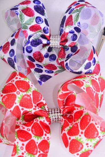 Hair Bow Jumbo Strawberry Raspberry Blackberry Blueberry Mix Grosgrain Bow-tie / 12 pcs Bow = Dozen Alligator Clip , Size - 6" x 5" Wide , 6 of each Pattern , Clip Strip & UPC Code