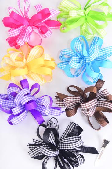 Hair Bow Loop Bow Plaid Grosgrain Bow-tie Multi / 12 pcs Bow = Dozen   Alligator Clip , Bow Size - 4.5" x 3.5" , 2 Bk , 2 Fuchsia , 2 Blue , 2 Brown , 2 Yellow , 1 Lime , 1 Purple Mix , Clip Strip & UPC Code