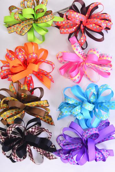 Hair Bow Loop Bow Grosgrain Satin Checkerboard Mix Grosgrain Bow Multi / 12 pcs Bow = Dozen Alligator Clip , Bow Size - 5" x 4" Wide , 2 Blue , 2 Purple , 2 Orange , 2 Lime , 2 Brown , 1 Pink , 1 Black Mix , Clip Strip