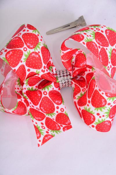 Hair Bow Jumbo Strawberry Grosgrain Bow-tie /  12 pcs Bow = Dozen Alligator Clip , Size - 6" x 5 Wide , Clip Strip & UPC Code