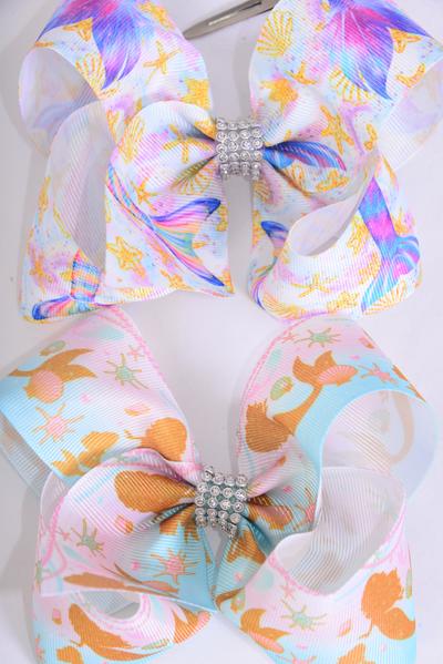 Hair Bow Jumbo Mermaid Tail Under The Sea Grosgrain Bow-tie / 12 pcs Bow = Dozen Alligator Clip , Size - 6 " x 5" Wide , 6 Of Each Pattern Asst , Clip Strip & UPC Code