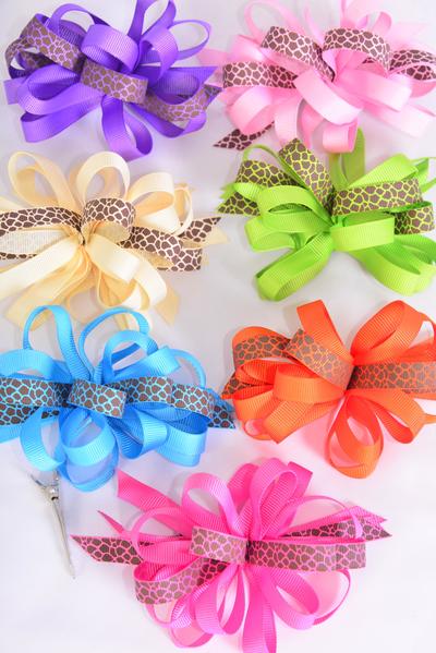 Hair Bow Loop Bow Giraffe Print Grosgrain Bow / 12 pcs Bow = Dozen Alligator Clip ,Bow Size - 4.5" x 3.5" , 2 Pink , 2 Hot Pink , 2 Blue , 2 Lavender , 2 Beige ,1 Lime ,1 Orange Color Asst , Clip Strip