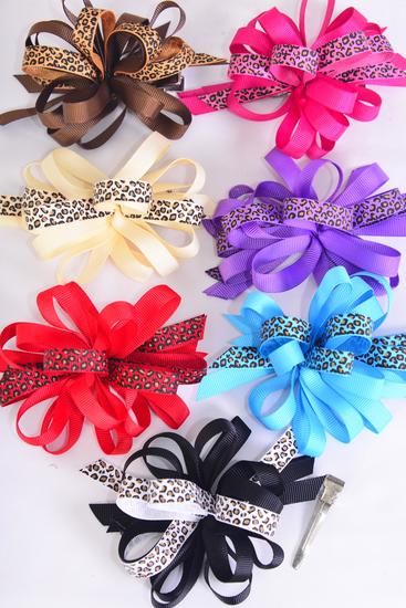 Hair Bow Loop Bow Leopard Print Grosgrain Bow /  12 pcs Bow = Dozen Alligator Clip , Bow Size - 4.5" x 3.5" , 2 Black , 2 Brown , 2 Blue , 2 Fuchsia , 2 Red ,1 Beige ,1 Purple Color Asst ,Clip Strip & UPC Code,