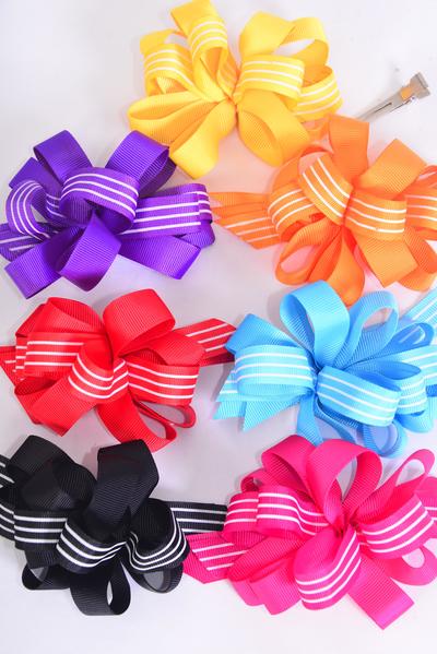 Hair Bow Loop Bow Stripes Grosgrain Bow Multi / 12 pcs Bow = Dozen Alligator Clip , Bow Size - 5" x 4" Wide , 2 Red , 2 Yellow , 2 Fuchsia , 2 Purple , 2 Blue , 1 Black , 1 Orange Color Asst , Clip Strip