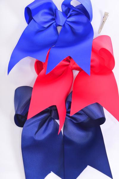 Hair Bow Extra Jumbo Long Tail Cheer Type Bow Red Royal Blue Navy Mix Grosgrain Bow-tie / 12 pcs Bow = Dozen  Alligator Clip , Size - 6.5" x 6" Wide , 4 of each Patter Asst , Clip Strip & UPC Code