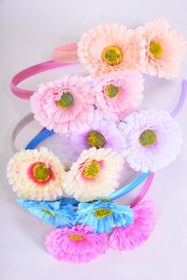 Headband Horseshoe Flowers Pastel / 12 pcs  = Dozen  Pastel , 2 Hot Pink , 2 Blue , 2 baby Pink , 2 Peach , 2 Lavender , 2 Beige Colour Asst , Hang tag & UPC Code , Clear Box