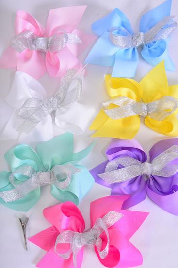 Hair Bow Jumbo Center Metallic Silver Bow-tie Grosgrain Bow Pastel / 12 pcs Bow = Dozen Alligator Clip , Size - 6" x 5" Wide , 2 White , 2 Pink , 2 Yellow , 2 Lavender , 2 Blue , 1 Hot Pink , 1 Green Color Mix , Clip Strip & UPC Code