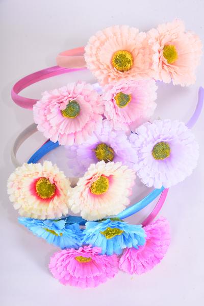 Headband Horseshoe Flowers Pastel / 12 pcs  = Dozen  Pastel , 2 Hot Pink , 2 Blue , 2 baby Pink , 2 Peach , 2 Lavender , 2 Beige Colour Asst , Hang tag & UPC Code , Clear Box