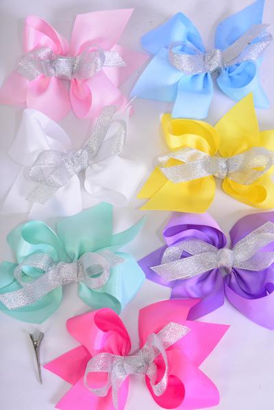 Hair Bow Jumbo Center Metallic Silver Bow-tie Grosgrain Bow Pastel / 12 pcs Bow = Dozen Alligator Clip , Size - 6" x 5" Wide , 2 White , 2 Pink , 2 Yellow , 2 Lavender , 2 Blue , 1 Hot Pink , 1 Green Color Mix , Clip Strip & UPC Code