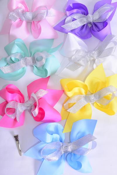 Hair Bow Jumbo Center Metallic Silver Bow-tie Grosgrain Bow Pastel / 12 pcs Bow = Dozen Alligator Clip , Size- 6"x 5" Wide , 2 White , 2 Pink , 2 Yellow , 2 Lavender , 2 Blue , 1 Hot Pink , 1 Green Color Mix ,Clip Strip & UPC Code
