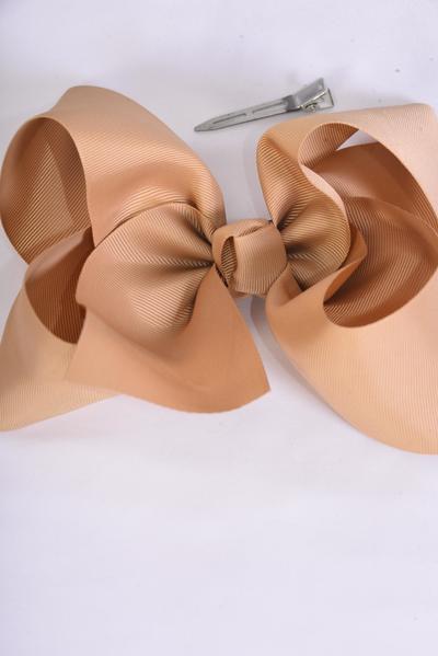 Hair Bow Jumbo Khaki Grosgrain Bow-tie / 12 pcs Bow = Dozen Khaki , Alligator Clip , Size - 6" x 5" Wide , Clip Strip & & UPC Code