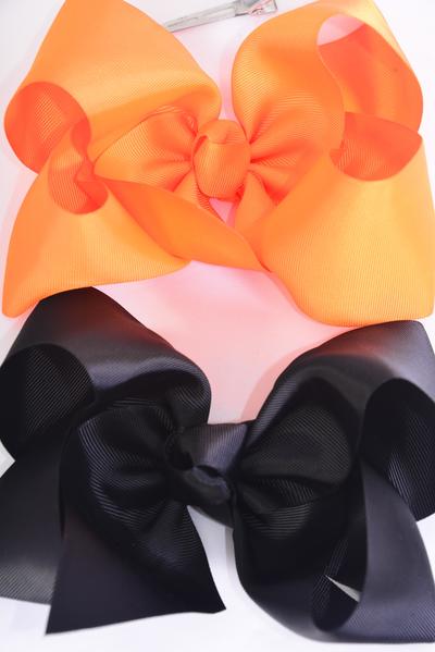 Hair Bow Cheer Type Bow Orange Black Mix Grosgrain Bow-tie / 12 pcs Bow = Dozen Alligator Clip , Size - 8" x 7" Wide ,  6 of each Color Asst , Clip Strip & UPC Code 