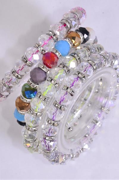 Bracelet Iridescent 10 mm Glass Crystal Stretch Clear Multi /  12 pcs = Dozen Stretch , 3 Of each Color Asst , Hang Tag & Opp Bag & UPC Code