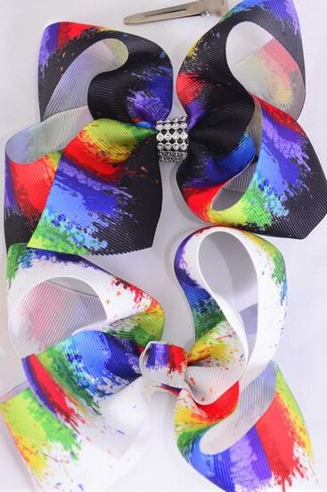 Hair Bow Jumbo Splatter Black White Mix Grosgrain Bow-tie / 12 pcs Bow = Dozen Alligator Clip , Size - 6" x 5" Wide , 6 Of Each Pattern Asst , Hang Tag and UPC Code