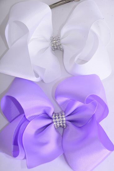 Hair Bow Jumbo Center Clear Stones Lavender White Mix Grosgrain Bow-tie / 12 pcs Bow = Dozen  Alligator Clip , Bow - 6" x 5" Wide , 6 Lavender , 6 White Color Asst , Clip Strip & UPC Code