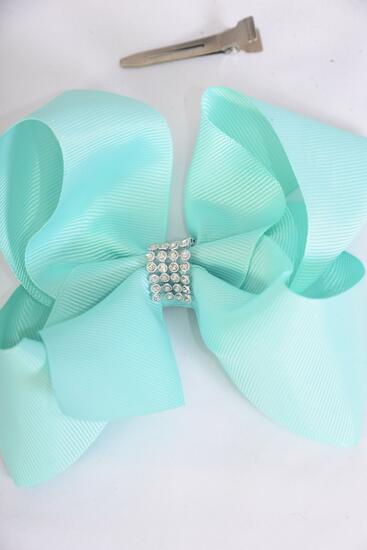 Hair Bow Jumbo Center Clear Stones Aqua Grosgrain Bow-tie / 12 pcs Bow = Dozen  Aqua , Alligator Clip , Bow - 6" x 5" , Clip Strip & UPC Code