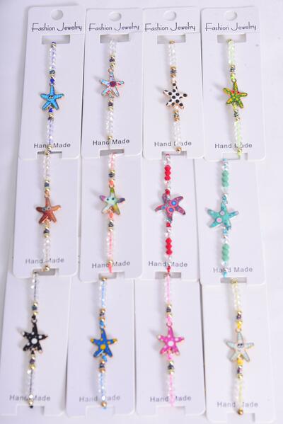 Bracelet Enamel Starfish Glass Crystal Iridescent Multi / 12 pcs = Dozen Pull-String , Adjustable , 12 Pattern Mix , Individual Hang Tag & OPP Bag & UPC Code