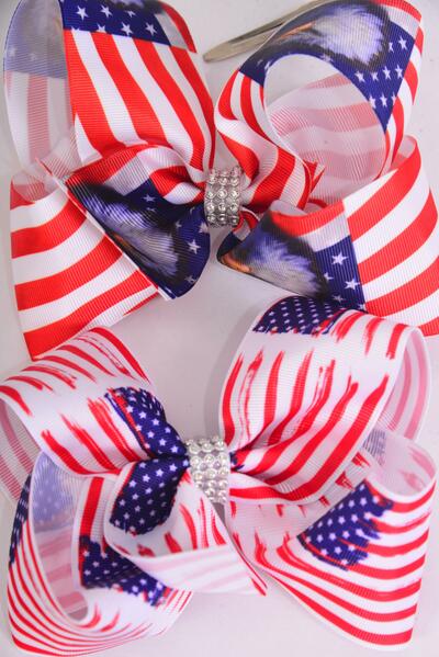 Hair Bow Jumbo Patriotic Flag Eagle Grosgrain Bow-tie / 12 pcs Bow = Dozen Alligator Clip , Bow - 6" x 5" Wide , 6 of each Pattern Asst , Clip Strip & UPC Code