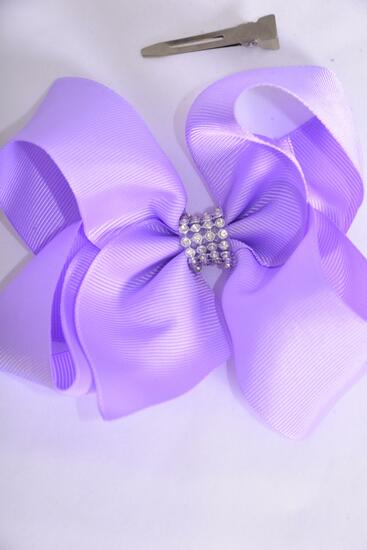 Hair Bow Jumbo Center Clear Stones Lavender Grosgrain Bow-tie / 12 pcs Bow = Dozen Alligator Clip , Bow - 6" x 5" , Clip Strip & UPC Code