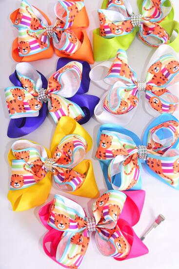 Hair Bow Jumbo Double Layered Cute  Tiger Cub Grosgrain Bow-tie Citrus / 12 pcs Bow = Dozen Alligator Clip , Size - 6" x 5" Wide , 2 White , 2 Fuchsia , 2 Purple , 2 Yellow , 2 Blue , 1 Lime , 1 Orange Color Asst , Clip Strip & UPC Code
