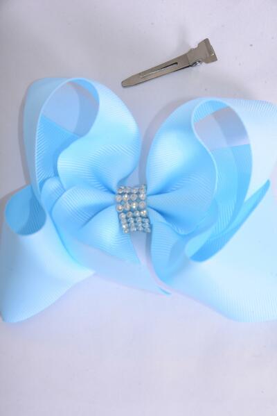 Hair Bow Jumbo Center Clear Stones Baby Blue Grosgrain Bow-tie / 12 pcs Bow = Dozen Baby Blue , Alligator Clip , Bow - 6" x 5", Clip Strip & UPC Code